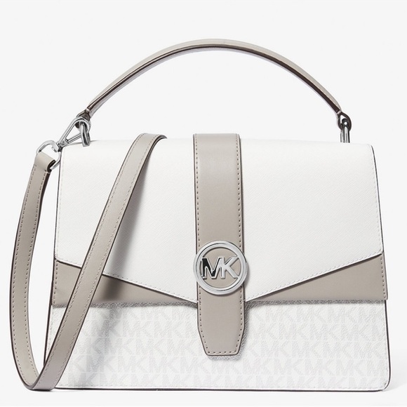 Michael Kors Greenwich Medium Color-Block Logo Satchel Bag Optic White Multi - Picture 6 of 9